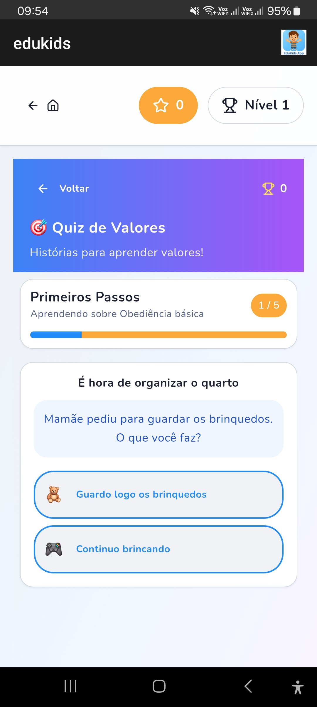 Tela do EduKids — menu com trilhas